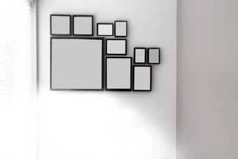 集团各种各样的空白黑色的图片帧灰色墙附近窗口与光空间为文本特写镜头集团各种各样的空白黑色的图片帧灰色墙附近窗口与光空间为文本