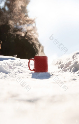 热气腾腾的杯热咖啡茶巧克力牛奶的冷新鲜的白色雪冬天舒适的喝雪一天概念背景自然美热气腾腾的杯热咖啡茶巧克力牛奶的冷新鲜的白色雪冬天舒适的喝雪一天概念背景自然