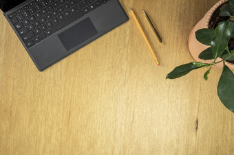 平躺前视图桌子上工作表格与电脑移动PC和静止的首页办公室棕色（的）木表格包括Copyspace为添加文本图形绿色时尚的植物平躺前视图桌子上工作表格与电脑移动PC和静止的首页办公室棕色（的）木表格包括C