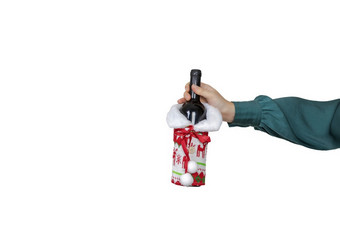 女人持有瓶酒孤立的白色背景与圣诞节主题装饰快乐圣诞节酒精喝概念复制空间女人持有瓶酒孤立的白色背景与圣诞节主题装饰快乐圣诞节酒精喝概念
