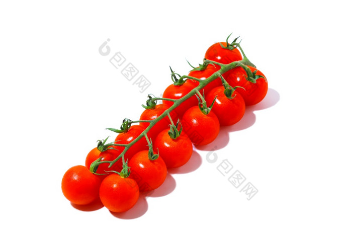 成熟的红色的新鲜的樱桃西红柿绿色分支孤立的白色背景与小影子成熟的红色的新鲜的樱桃西红柿绿色分支孤立的白色背景