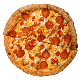 美味的新鲜的意大利辣香肠披萨白色背景美味的新鲜的意大利辣香肠披萨白色背景与路径