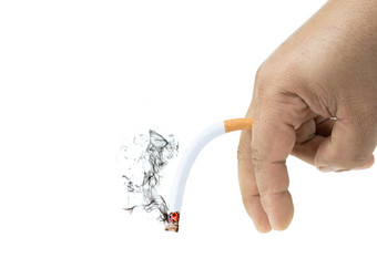 弯曲香烟<strong>伯</strong>恩斯与烟但rsquo手孤立的白色背景勃起功能障碍概念