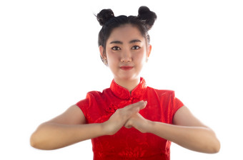 肖像亚洲女人红色的衣服传统的旗袍白色背景中国女孩穿旗袍与有吸引力的微笑概念中国人新一年一天