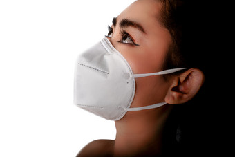 一边视图年轻的亚洲女人把呼吸器面具保护从机载呼吸疾病的流感新冠病毒冠状病毒埃博拉病毒灰尘和烟雾安全病毒感染概念