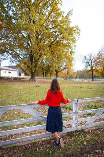美丽的女孩红色的毛衣站与她的回来附近白色木栅<strong>栏</strong>美丽的秋天美丽的女孩红色的毛衣站与她的回来附近白色木栅<strong>栏</strong>美丽的秋天
