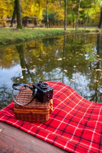的老相机谎言手提箱红色的格子毯子木桥附近的湖的老相机谎言手提箱红色的格子毯子木桥附近的湖
