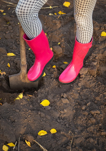 女孩橡胶<strong>靴子</strong>站的花园与铲和挖掘女孩橡胶<strong>靴子</strong>站的花园与铲和挖掘