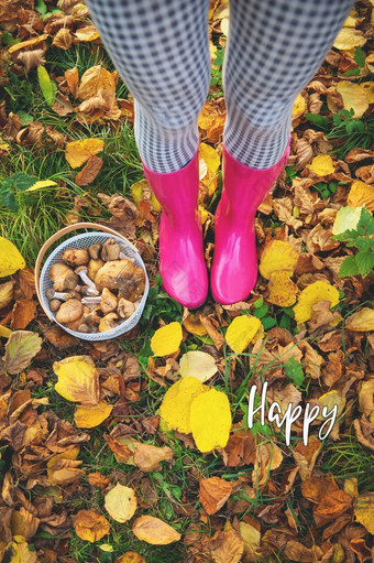 年轻的女孩粉红色的橡胶靴子篮子蘑菇站的地面刻字快乐年轻的女孩粉红色的橡胶靴子篮子蘑菇站的地面刻字快乐