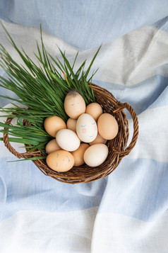 美丽的画复活节鸡蛋与可爱的脸谎言木篮子沿着与新鲜的绿色草复活节卡美丽的画复活节鸡蛋与可爱的脸谎言木篮子沿着与新鲜的绿色草复活节卡