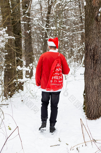 传统的圣诞老人老人他和袋礼物走通过的森林携带礼物回来视图传统的圣诞老人老人他和袋礼物走通过的森林携带礼物回来视图