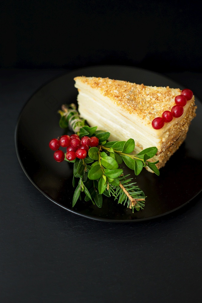 一块美味的蛋糕装饰圣诞节树和红色的浆果一块美味的蛋糕装饰圣诞节树和红色的浆果