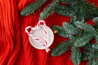 圣诞节作文使挪威诺比利斯松和装饰与灯和糖果拐杖的形式狗杯卡布奇诺咖啡与糖果狗的形状心圣诞节和新一年概念圣诞节作文使挪威诺比利斯松和装饰与灯和糖果拐杖的形式狗杯卡布奇诺咖啡与糖果狗的形状心圣诞节和新一年