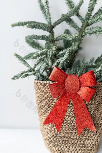 诺比利斯分支机构是柳条篮子沿着与大红色的弓的边境新一年和圣诞节概念诺比利斯分支机构是柳条篮子沿着与大红色的弓的边境新一年和圣诞节概念