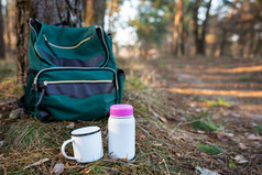 徒步旅行徒步旅行背包与热水瓶和杯站附近树通过零食的开放空气徒步旅行徒步旅行背包与热水瓶和杯站附近树通过零食的开放空气