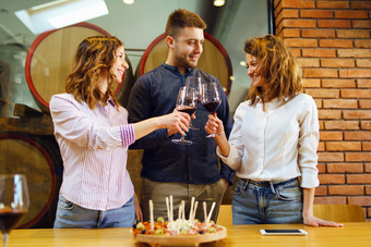 高加索人朋友两个姐妹女朋友和的男朋友与朋友站的表格的餐厅酒庄持有眼镜红色的酒敬酒庆祝微笑