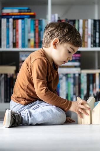 完整的长度视图小高加索人男孩小孩子首页孩子玩与木玩具砖形状房子坐着的木乙烯基层压地板上独自一人发展中创造力一边视图