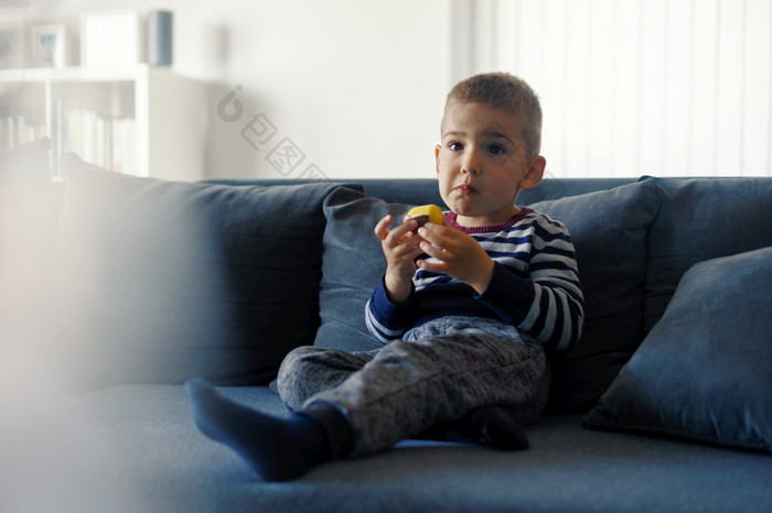 肖像一个小三个年老高加索人男孩小孩子孩子坐着的沙发床上首页持有巧克力糖果手吃而看前面视图