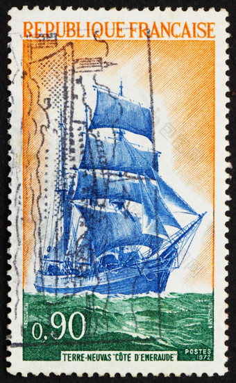 法国约邮票印刷的法国显示纽芬兰人船科特rsquoEmeraude巴昆汀船钓鱼船约