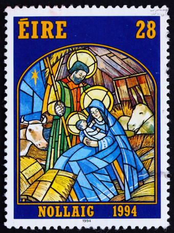 爱尔兰约邮票印刷的爱尔兰显示基督<strong>诞生</strong>染色玻璃基督<strong>诞生</strong>场景圣诞节约