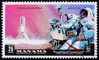 麦纳麦约邮票印刷的麦纳麦巴林显示宇航员与<strong>相机</strong>阿波罗任务的<strong>月亮</strong>约