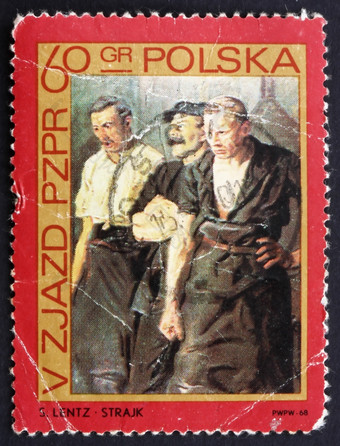 波兰约邮票印刷的波兰显示<strong>罢工</strong>者绘画斯坦尼斯瓦夫Lentz约