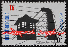 比利时约邮票印刷的比利时显示破碎的有倒钩的线监狱警卫塔周年纪念日解放浓度营地约