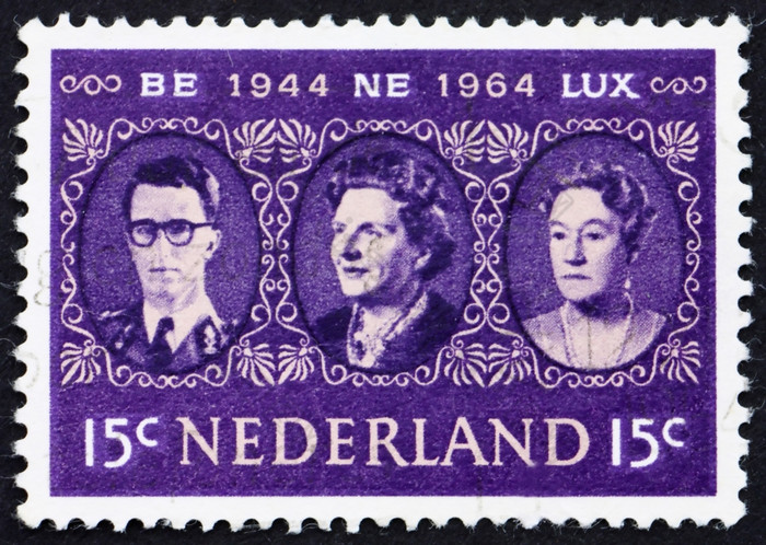 荷兰约邮票印刷的荷兰显示王博杜安女王朱莉 安娜而且大公爵夫人夏洛特三国约