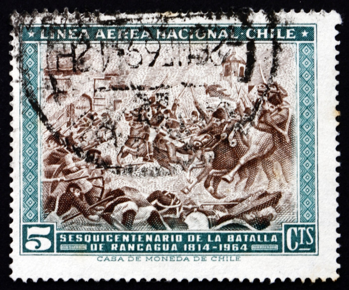 智利约邮票印刷的智利显示战斗的智利战争独图片