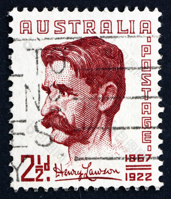 澳大利亚约邮票印刷的澳大利亚显示亨利Hertzberg劳森作者而且诗人约
