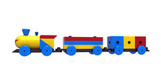 火车色彩斑斓的木玩具呈现白色背景