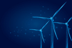 三个风米尔斯组成点行和形状风涡轮机场可再生替代来源电能源低聚线框架向量插图