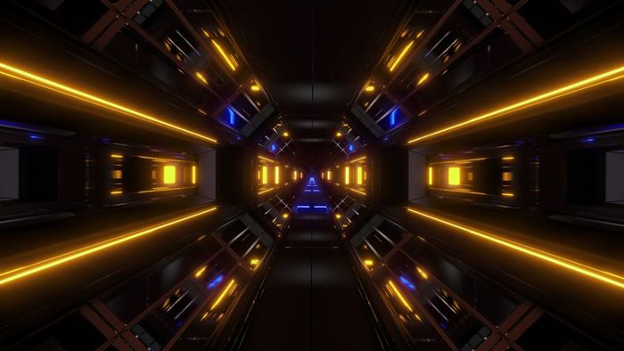黑暗空间科幻隧道飞艇走廊飞通过循环插图与黄色的蓝色的发光壁纸未来主义的空间科幻走廊背景呈现黑暗空间科幻隧道飞艇走廊飞通过循环插图与黄色的蓝色的发光