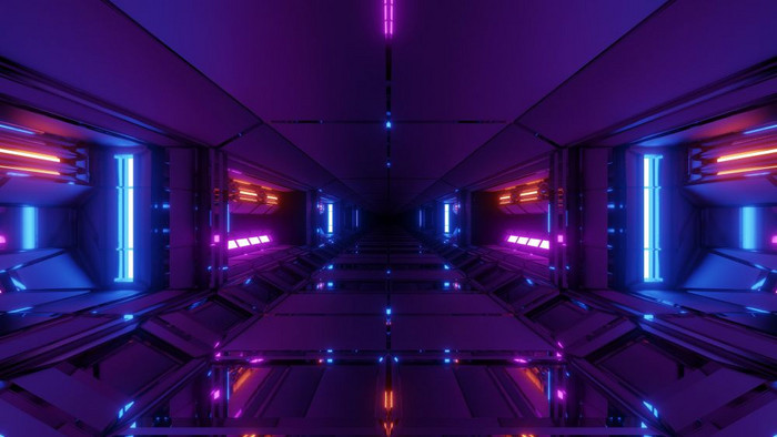 未来主义的科幻技术空间机库隧道走廊与发光的灯插图壁纸背景设计现代未来科幻建筑呈现艺术未来主义的科幻技术空间机库隧道走廊与发光的灯插图壁纸背景设计