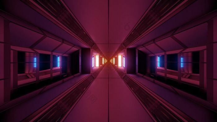 未来主义的科幻空间隧道走廊与发光的灯和玻璃窗户插图背景壁纸没完没了的未来科幻艺术呈现设计未来主义的科幻空间隧道走廊与发光的灯和玻璃窗户插图背景壁纸