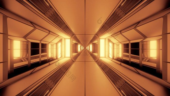 未来主义的科幻空间隧道走廊与发光的灯和玻璃窗户插图背景壁纸没完没了的未来科幻艺术呈现设计未来主义的科幻空间隧道走廊与发光的灯和玻璃窗户插图背景壁纸
