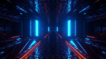 未来主义的插图背景壁纸与蓝色的科学小说隧道走廊通道与橙色红色的霓虹灯灯设计科幻机库隧道与玻璃窗户和很酷的反射未来主义的插图背景壁纸与蓝色的科学小说隧道走廊通道与橙色红色的霓虹灯灯设计