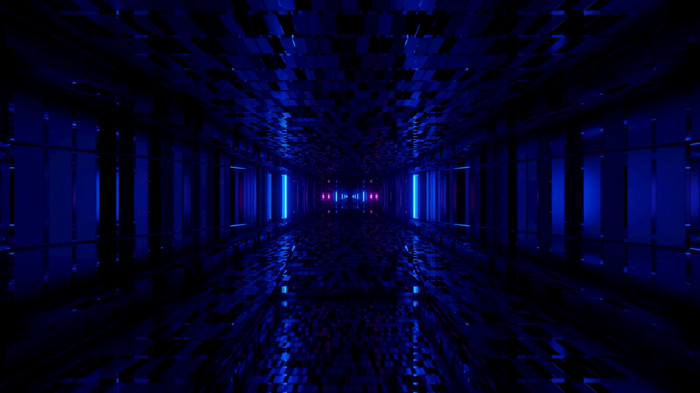 不规则的几何荧光蓝色的光走廊呃插图背景相互关联的矩形设计砖隧道呃插图背景