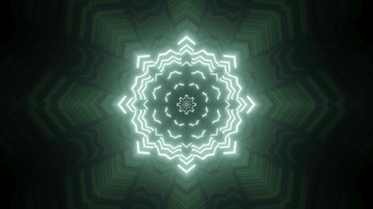 优雅的插图闪亮的霓虹灯白色花形状的千变万化的点缀黑暗绿色背景创建光学错觉没完没了的隧道摘要插图背景与花模式
