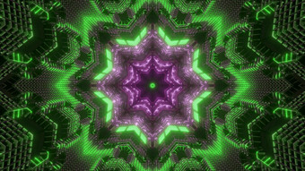 闪亮的插图摘要背景与对称的<strong>千</strong>变万化的绿色和紫色的霓虹<strong>灯</strong>花形状的点缀与光学错觉视觉效果没完没了的隧道<strong>千</strong>变万化的花插图背景