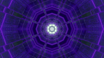 插图光学错觉视觉摘要背景多面体隧道与紫罗兰色的霓虹灯光效果和发光的花形状的底未来主义的紫色的对称的模式插图