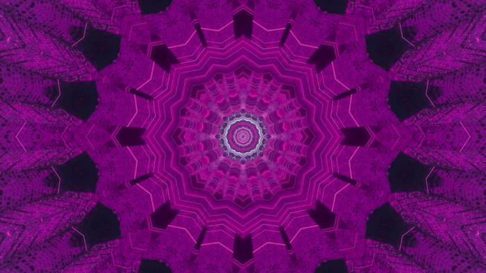 插图的角度来看视觉摘要背景与对称的花边千变万化的模式和圆形花中心霓虹灯紫色的颜色摘要圆形几何点缀插图