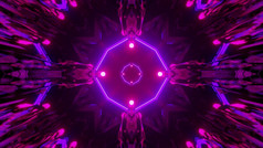 插图通过黑暗隧道与紫色的霓虹灯几何行和点为摘要科学小说概念设计发光的霓虹灯设计未来主义的隧道插图