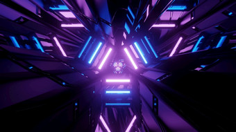 插图未来主义的黑暗隧道与摘要闪亮的几何数据反映明亮的霓虹灯灯插图黑暗网络空间与蓝色的和紫色的霓虹灯灯