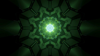 插图对称的黑暗隧道与绿色霓虹灯灯反映几何墙插图对称的迷宫与绿色光甲酸的摘要背景