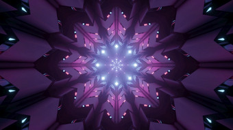 插图视图通过未来主义的隧道的角度来看与几何明星形状的孔和紫色的霓虹灯照明为sci体系结构设计闪亮的花形状的点缀与霓虹灯照明插图