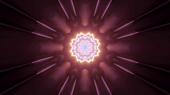 插图与闪亮的金和紫色的彩色的帧没完没了的未来主义的隧道与几何设计和霓虹灯照明反映黑暗表面花形状的洞照亮未来主义的隧道插图
