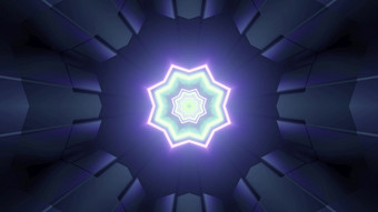 插图与八角形的明星形状的发光的霓虹灯模式中心和对称的射线黑暗背景形成光学错觉神奇的隧道与未来主义的几何设计明星形状的霓虹灯灯内部黑暗隧道