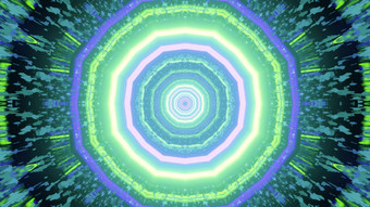 插图对称的圆形模式与明亮的霓虹灯灯发光的旋转隧道插图五彩缤纷的霓虹灯光发光的迷宫
