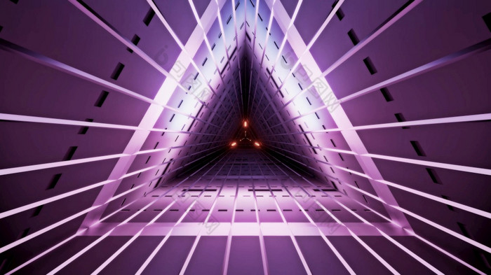 几何插图黑暗紫色的隧道三角形形状与点缀行和霓虹灯照明三角形紫色的隧道与霓虹灯照明插图